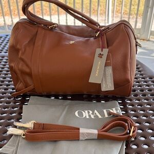 Ora Delphine Liza Leather Satchel Cognac Brown Crossbody NWT